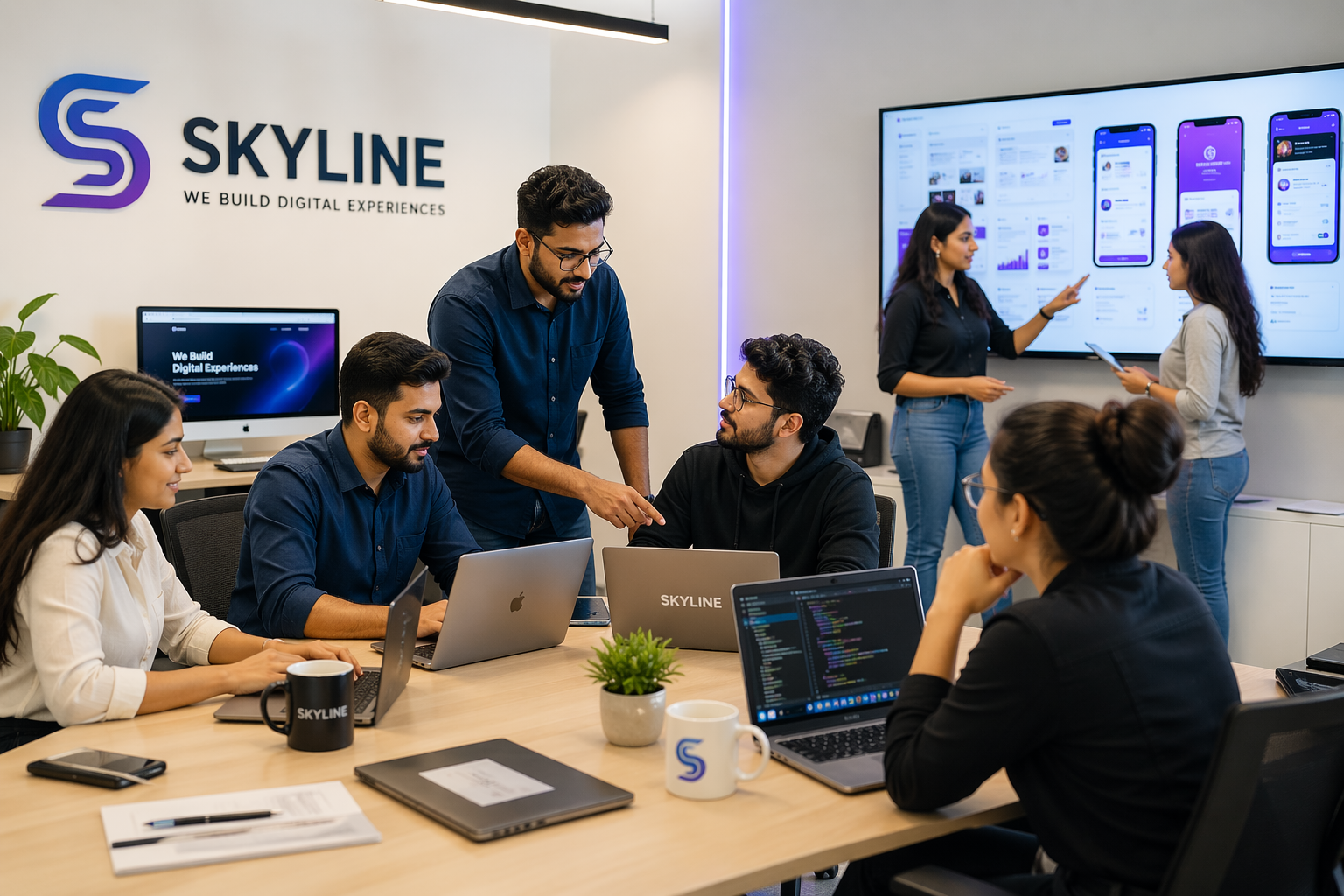 A team of six people collaborating in a modern office. Four are discussing around laptops at a table, while two present a mobile app design on a wall screen. Bright, engaged atmosphere.