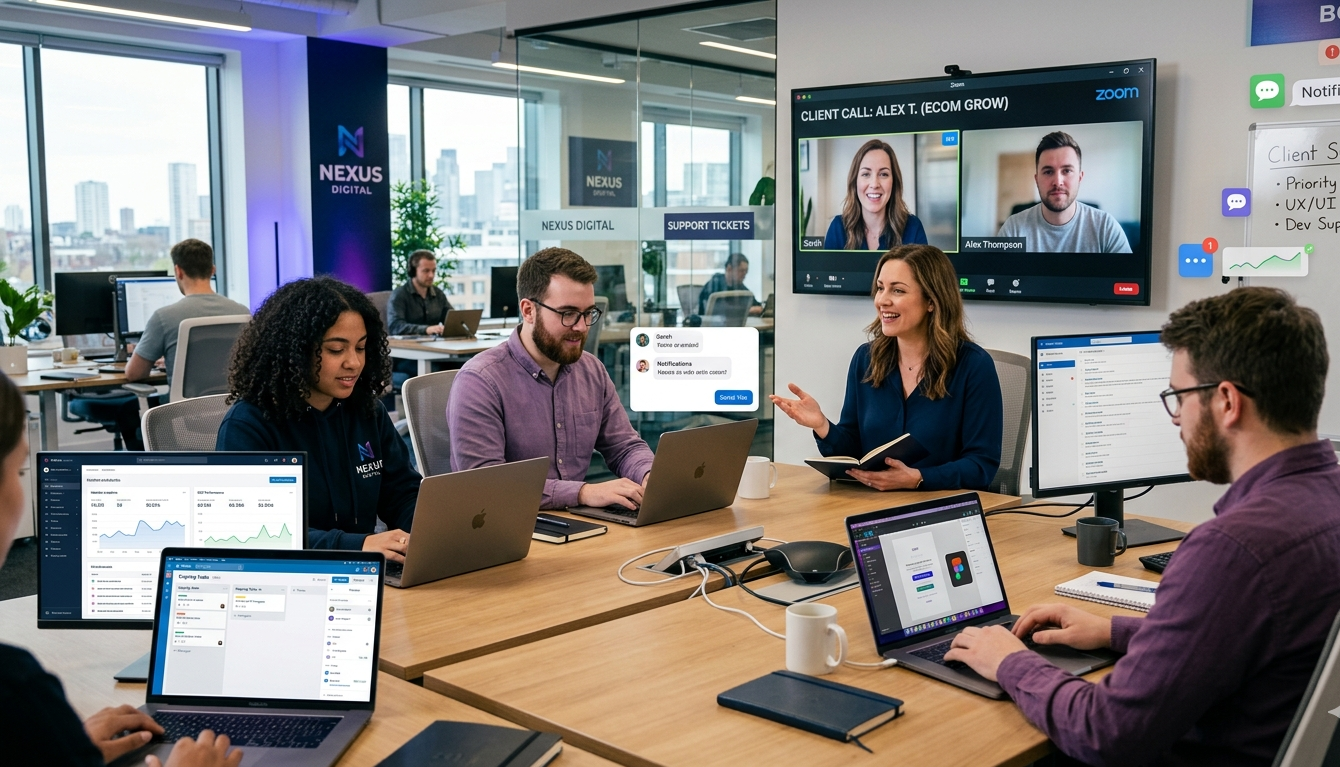A diverse group of five professionals sits around a table in a modern office, engaged in a video conference. Laptops display charts and messages. The atmosphere is focused and collaborative.