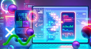 A vibrant digital scene with neon colors shows a laptop displaying code, a smartphone with website elements, and floating 3D shapes, conveying tech innovation.