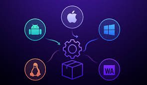 Icons of Android, Apple, Windows, Linux, and Web Assembly surround a central gear and package symbol, connected with arrows on a dark purple background.
