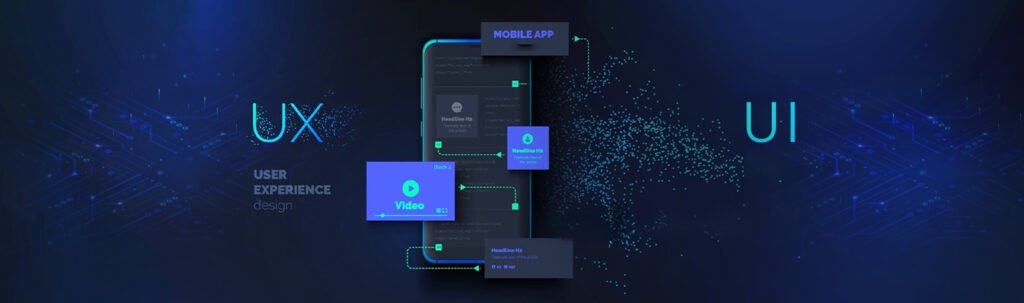 Alt text: "Futuristic UI/UX design concept with a dark blue background. Features a digital smartphone interface with lines connecting app elements."