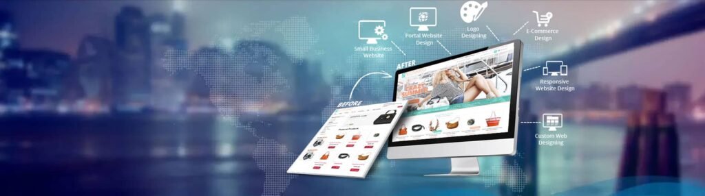 A computer screen showing a website design with floating icons for services like logo design and e-commerce, set against a blurred cityscape background.