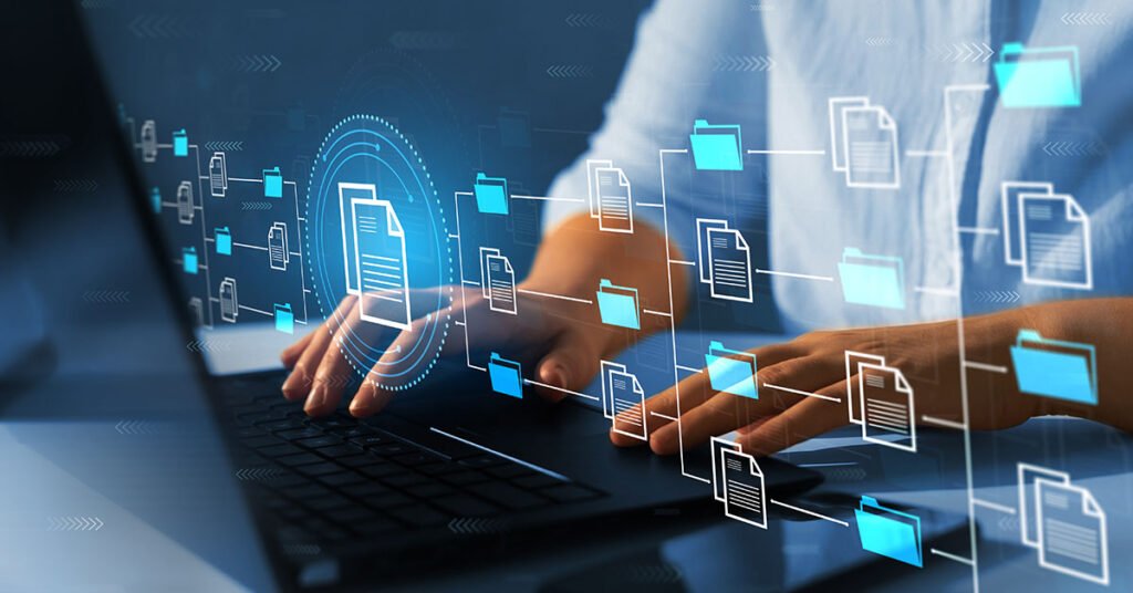 Hands typing on a laptop keyboard with digital folders and documents floating above, representing data management. The tone is futuristic and efficient.